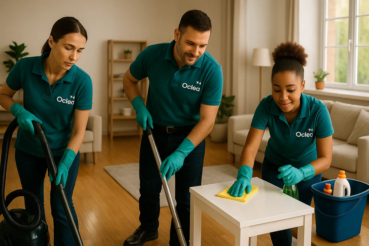 Equipo de Oclea limpiando el salón de un apartamento turístico en Málaga